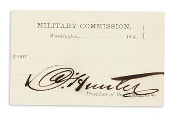 (LINCOLN, ABRAHAM.) Pass to the trial of the assassination conspirators, signed by David Hunter--with his transmittal letter.